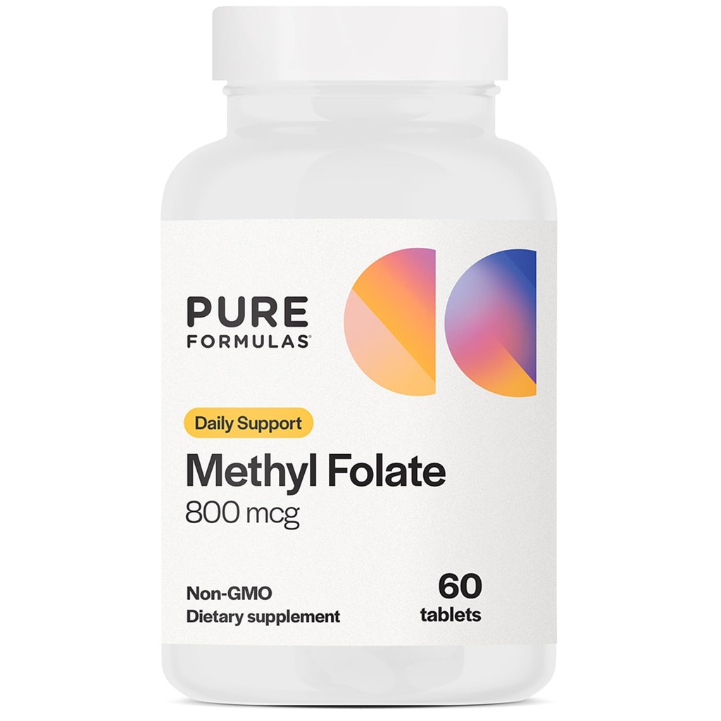PureFormulas Methylfolate 800 mcg - Aktiv B9 (5-MTHF) för kardiovaskulära, Nerve & Mood Health, icke-GMO vegetariska tabletter, 60 greve
