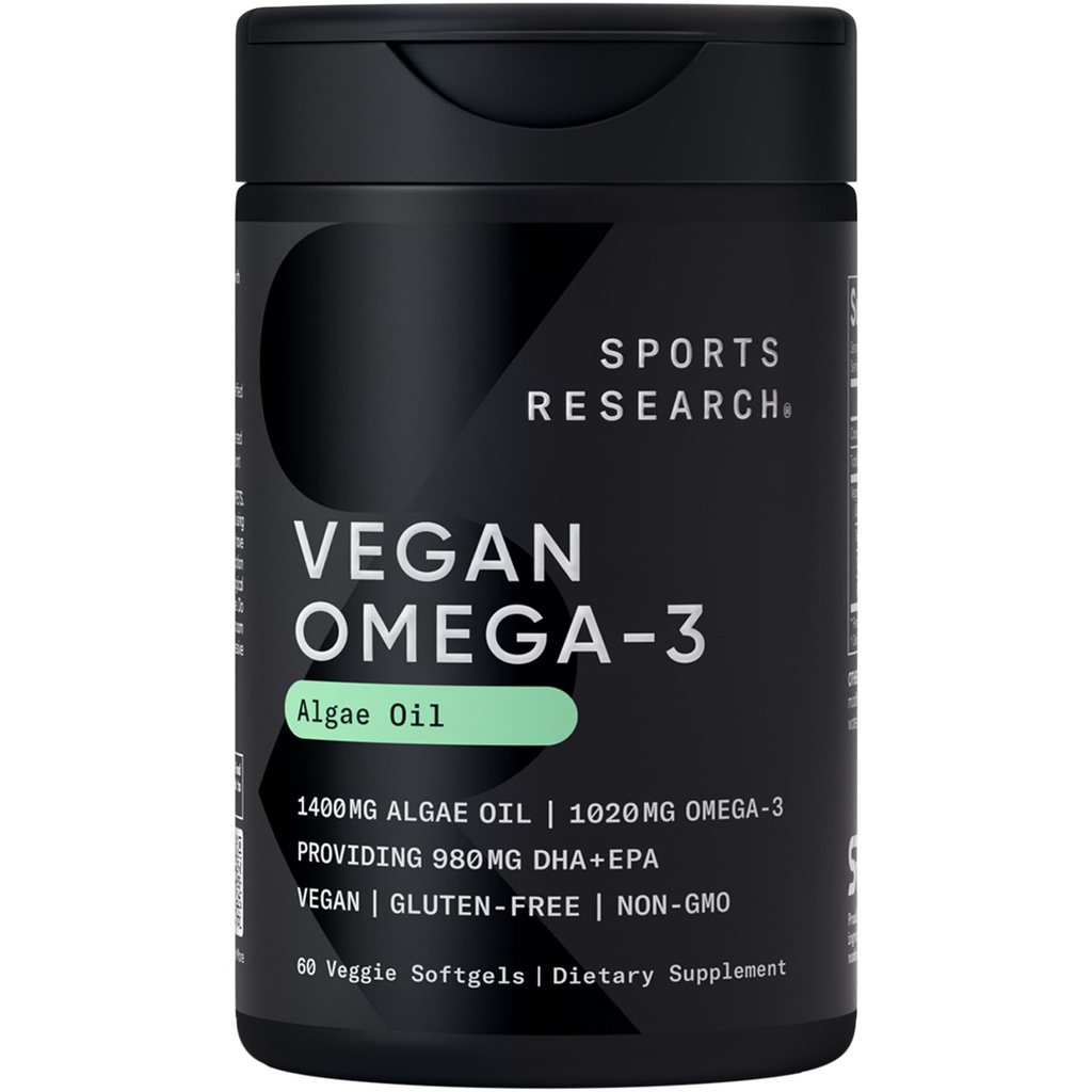 Sportforskning Vegan Omega-3 fiskolja alternativ från Algae Oil - Högsta nivåer av Vegan DHA & EPA fettsyror | Non-GMO Tested & Vegan Certified - 60 Veggie Softgels (Carrageenan Free)
