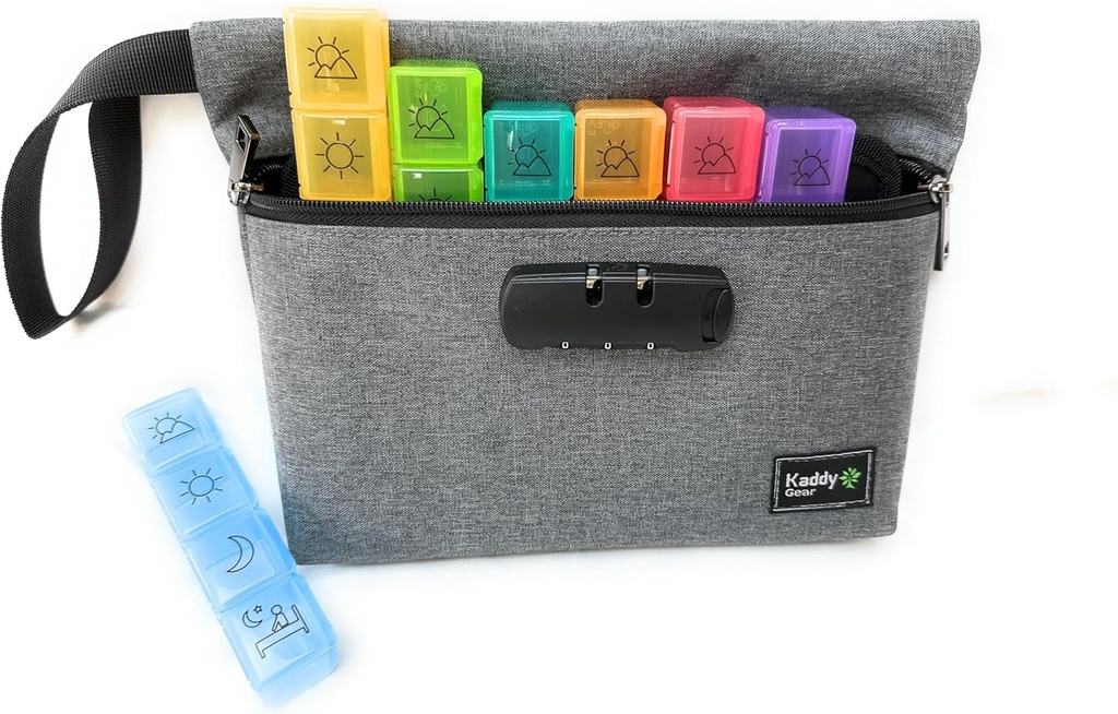 Kaddy Weekly AM / PM Secure Pill Organizer Box, (7-Day / 4-Times-A-Day) Portable Travel med stora delar för medicinering, kosttillskott och vitaminer, 3 Digit Lock för säkerhet