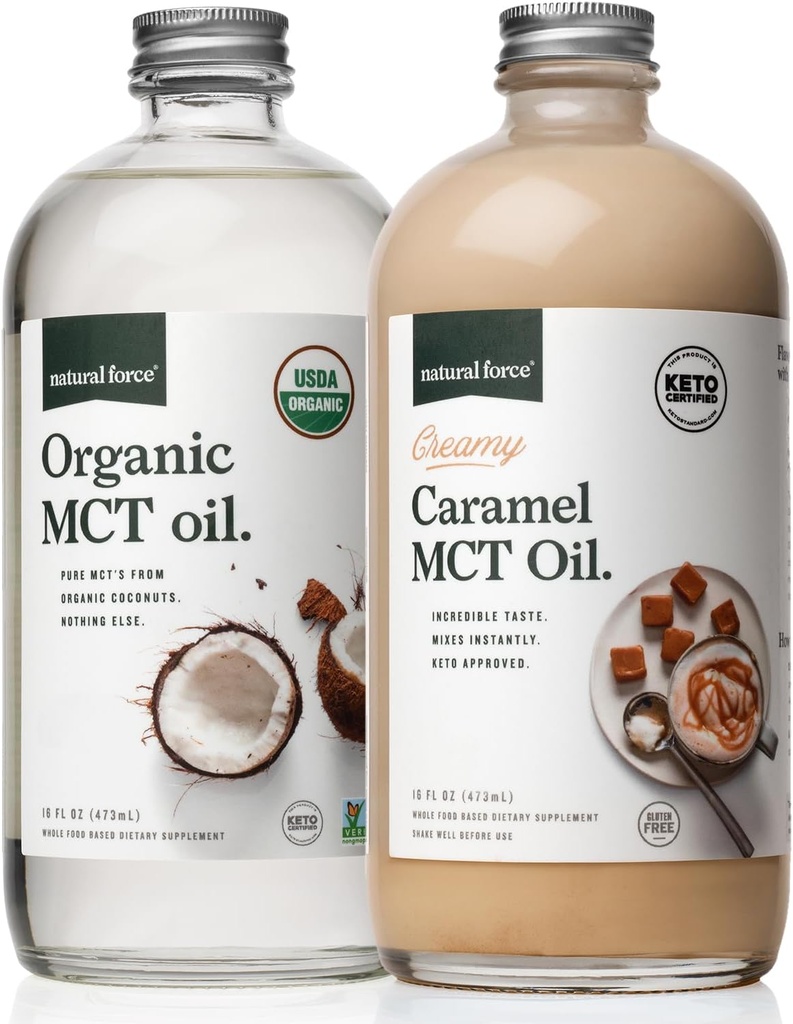Natural Force Creamy Caramel MCT Oil + Organic Full Spectrum MCT Olja - Glutenfri, icke GMO, 100% Pure Coconut MCTs från organiska kokosnötter - Keto, Paleo och Vegan - 2x 16 Ounce Glasflaskor
