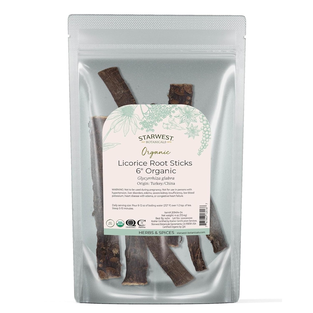 Starwest Botanicals Organic Dried Licorice Root Sticks 6" - Herb för Loose Leaf Tea Blends, Candy, & Baked Goods, Cut & Sifted, Certified Kosher, Non-GMO - 4 oz Pouch