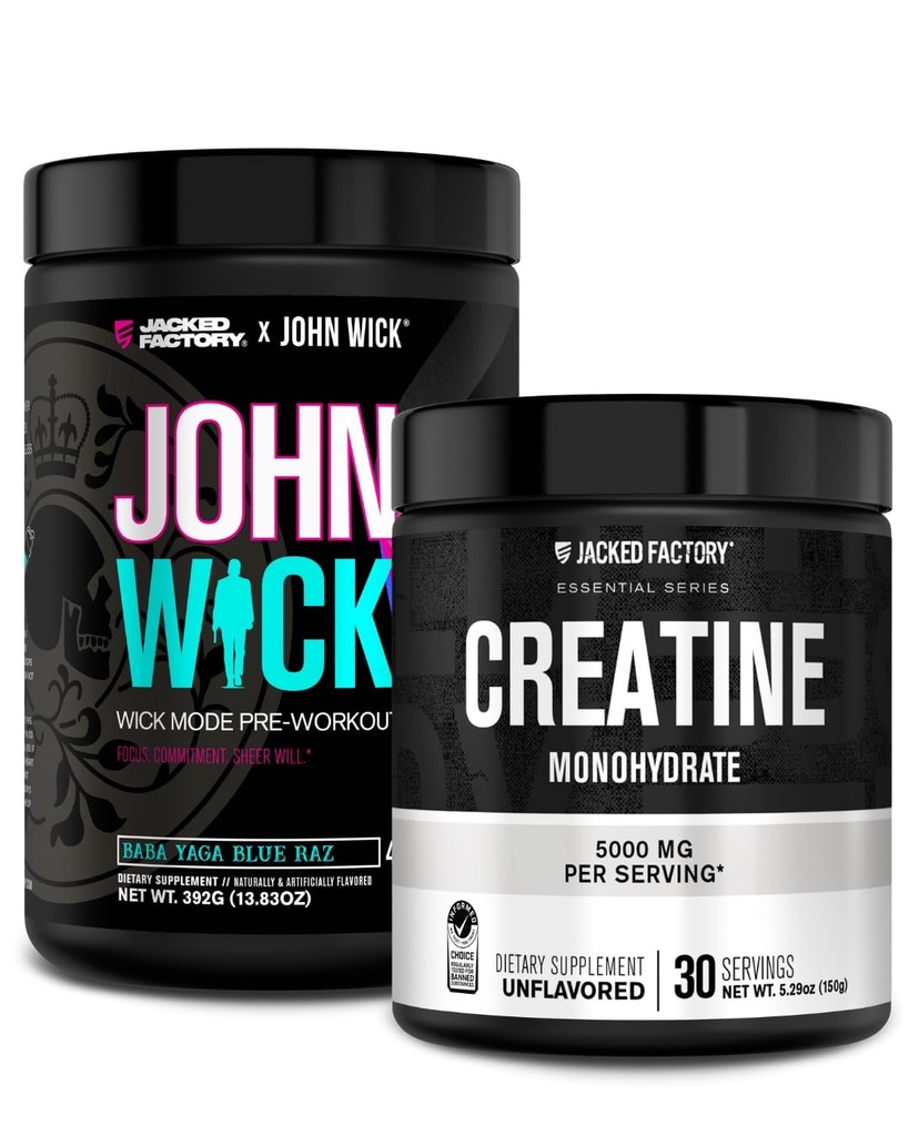 Jacked Factory X John Wick - Wick Mode Pre Workout Powder (Baba Yaga Blue Raz, 40 portioner) och Kreatinmonohydratpulver (Obsmakad, 30 portioner)