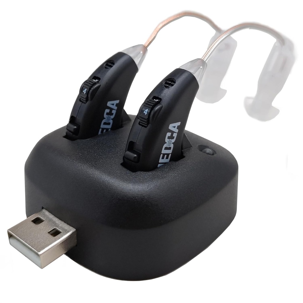 Digitala hörselförstärkare - laddningsbara Premium BTE Personal Sound Amplifier Pair med USB Dock, Bakom öronhåringenheter med långvarigt batteriliv, svart