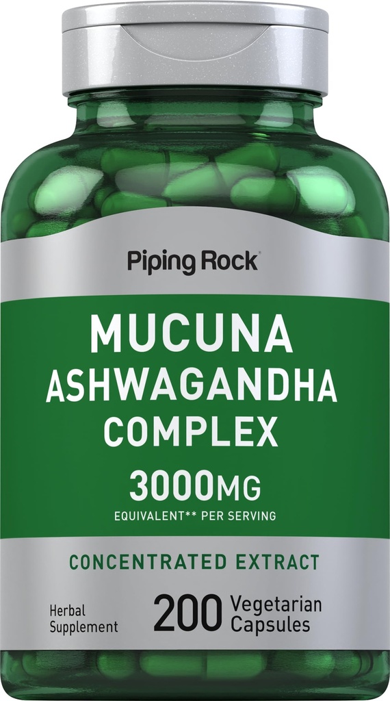 Piping Rock Mucuna Ashwagandha 3000mg | 200 kapslar | Komplex extrakt tillskott för kvinnor och män | Vegetarian, icke-GMO, Gluten Free