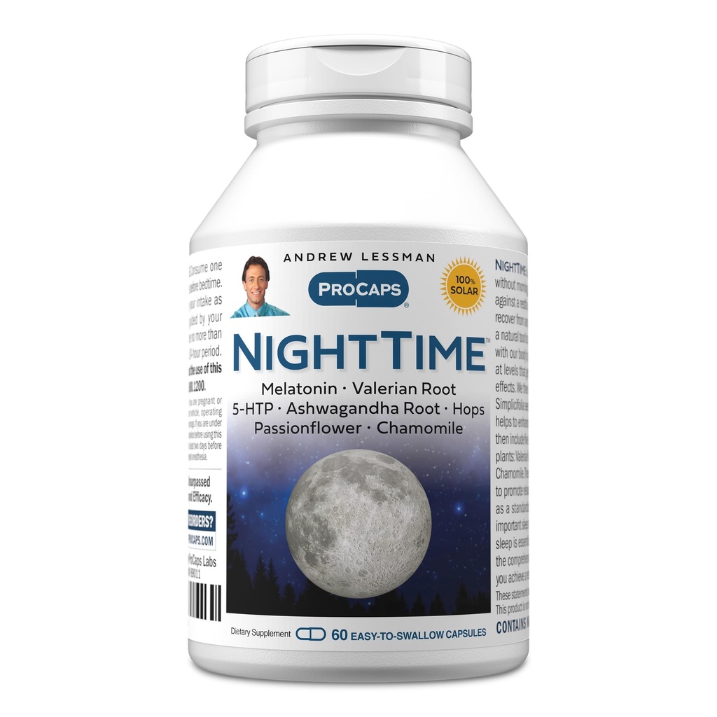 ANDREW LESSMAN Night Time 60 Capsules - 3mg Melatonin, Valerian, Ashwagandha, Passionflower, Hops, Chamomile. Ingen morgongrogginess. Naturligt stöd, Gentle Restful Sleep. Lätt att svälja kapslar