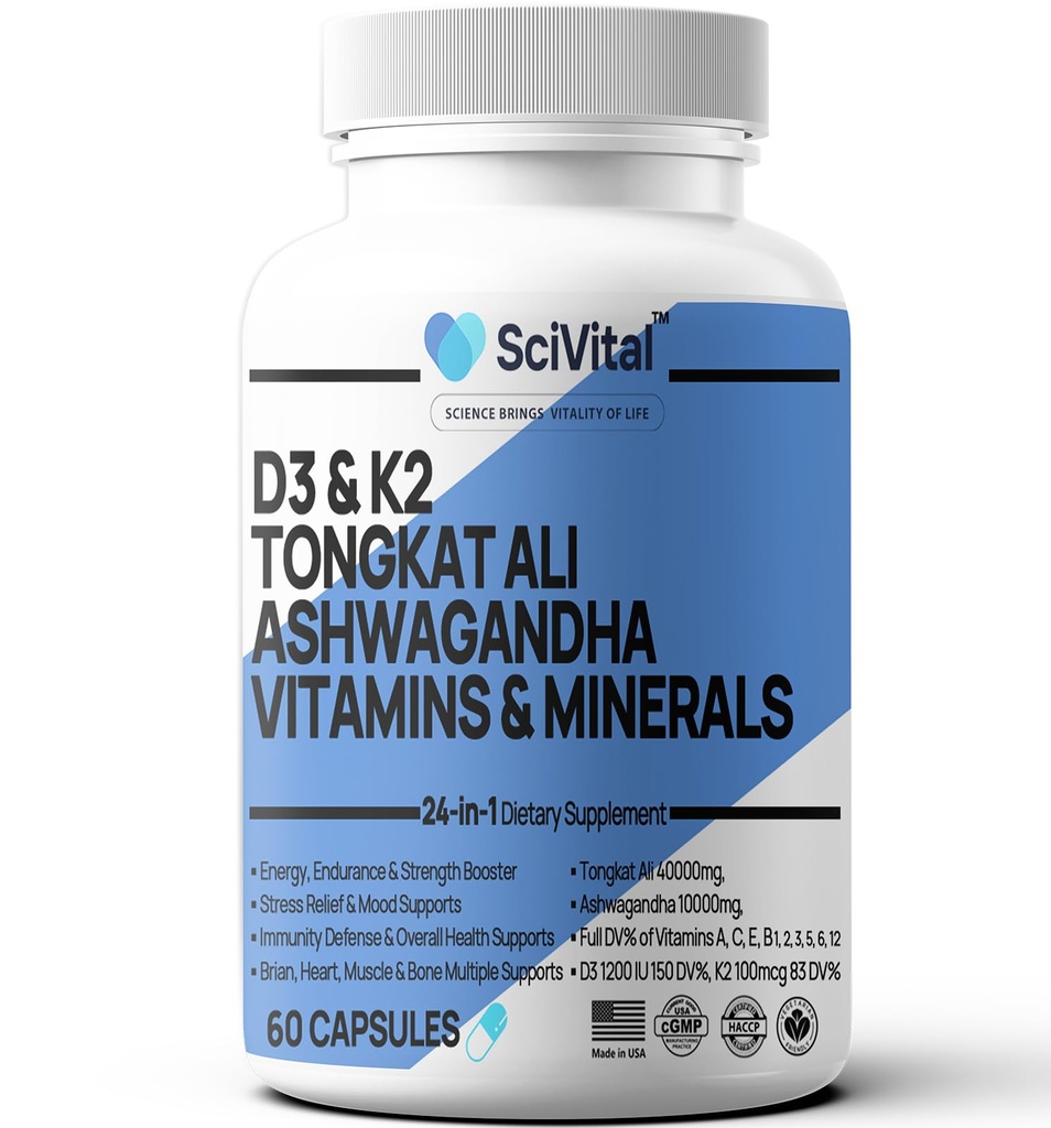 Ashwagandha 10000mg Tongkat Ali 40000mg Supplement med Multivitamin D3 K2 - Mäns hälsa och stress, humör, energi, uthållighetsstöd - Ashwagandha kapslar Tongkat Ali för män USA - 60 greve