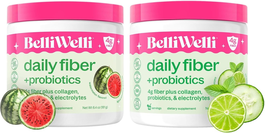 Belli Welli Daily Fiber Supplement Bundle - Cucumber Lime Mint & Watermelon - with Collagen, Probiotics & Electrolytes - Refreshing Wellness Flavors, 32 Total Servings