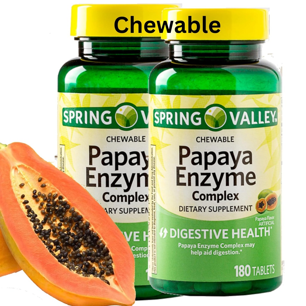 Spring Valley Papaya Enzyme Chewable - 360 Vegan tabletter, Bromelain New Formel Digestive Aid