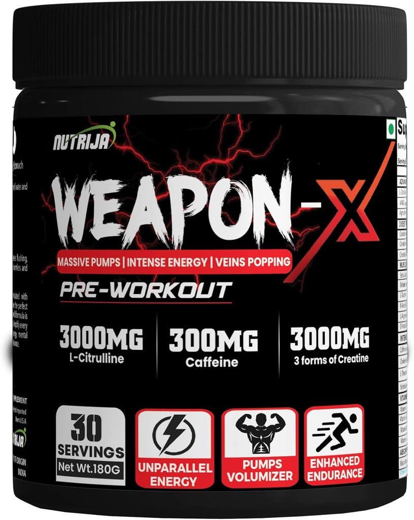 Weapon-X Pre-Workout Powder med 21 aktiva ingredienser - 3 bästa former av kreatin, AAKG, Beta-Alanine, koffeinerad | Pumpar, Viens Popping, energi, fokus och styrka (30 portioner (Mango))