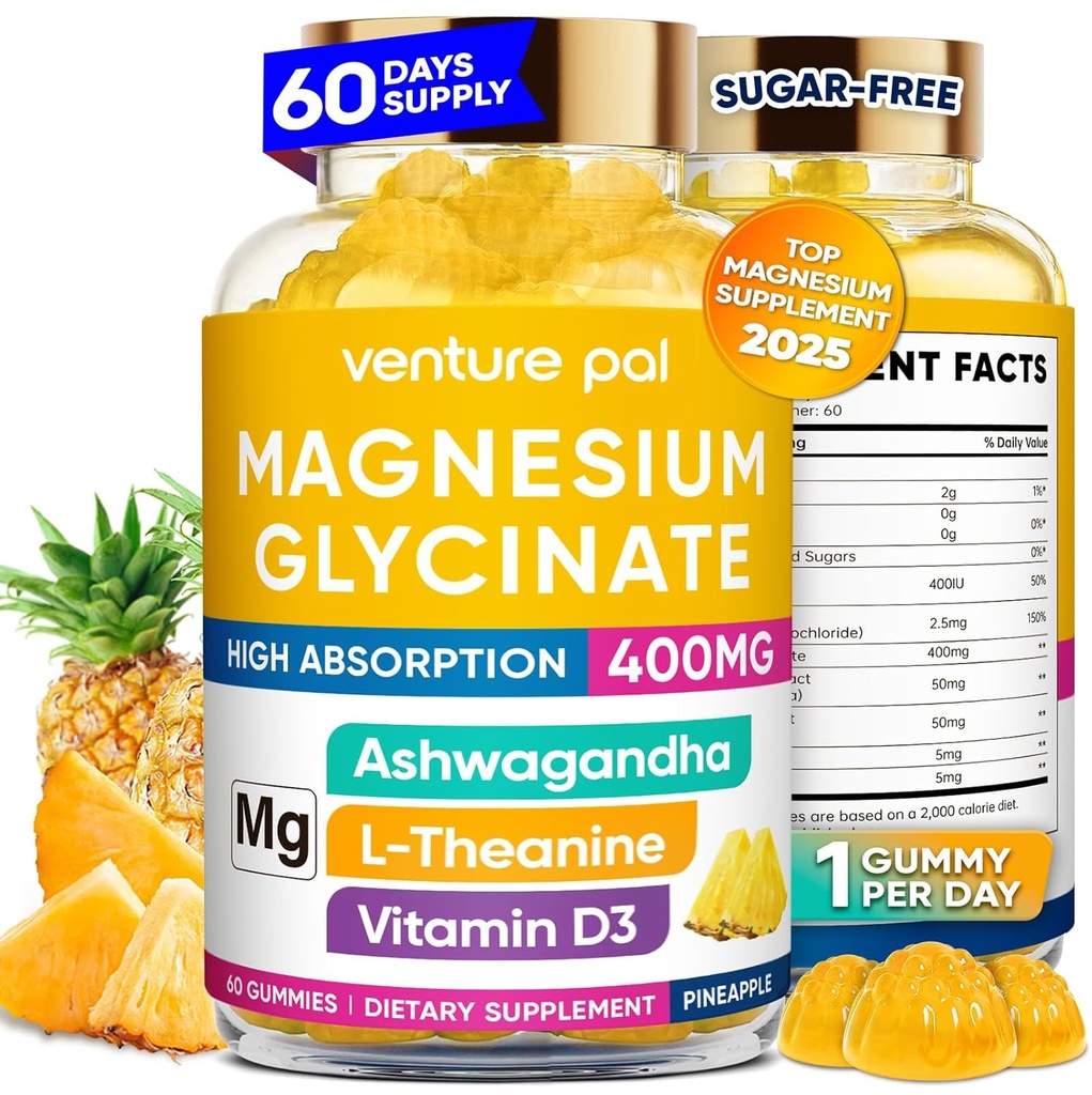 60 Day Supply Magnesium Glycinate 400mg Gummies med Ashwagandha, L-Theanine, CoQ10, Vitamin D3 & B6, Sugar Free Magnesium Gummies för vuxna och barn, Stress Relief, Sleep & Calm, Vegan, Gluten Free