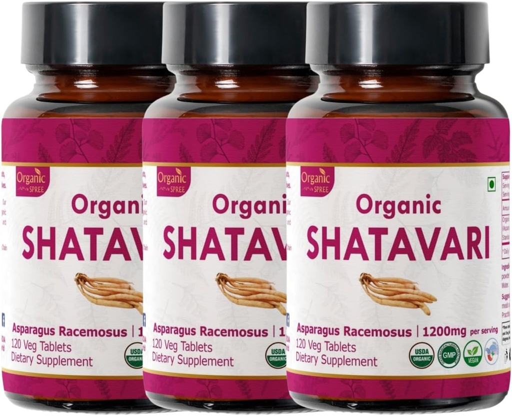 Shatavari 120 tabletter | Asparagus Racemosus (Shatavari) | USDA Organic Certified | Stöder kvinnors hälsa och immunsystem | Kosttillskott 120tab - Pack av 3