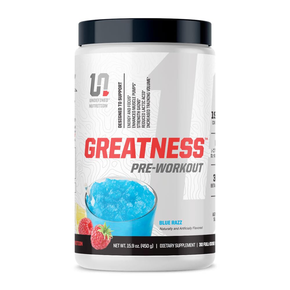 Undefined Nutrition Greatness Pre-Workout av Brian Shaw (30 portioner) - 6 g Citrulline Malate & 3,2 g Beta Alanine för bättre pumpar, energi, fokus och styrka för män och kvinnor (15,9 Oz, Blue Razz)