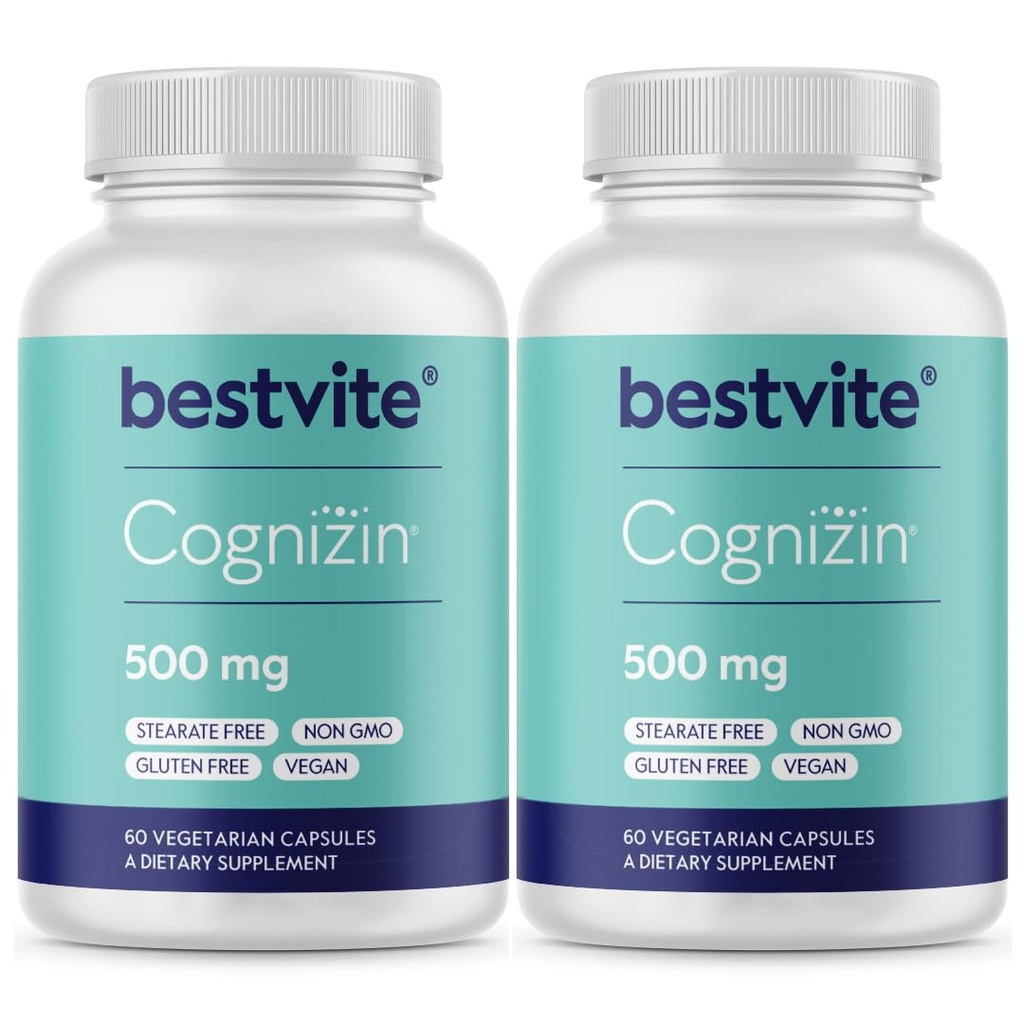 BESTVITE Cognizin Citicoline 500mg (120 Vegetariska kapslar) (60x2) - Kliniskt Studerade Premium Choline Nootropic - No Stearates - Vegan - Gluten Free - Brain Supplements för minne och fokus