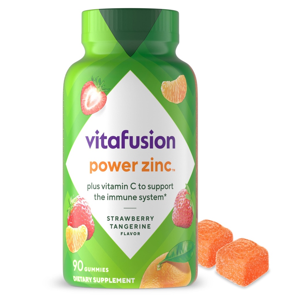 Vitafusion Power Zinc Gummy Vitaminer, Strawberry Tangerine smaksatt immunstöd (1), 90 greve