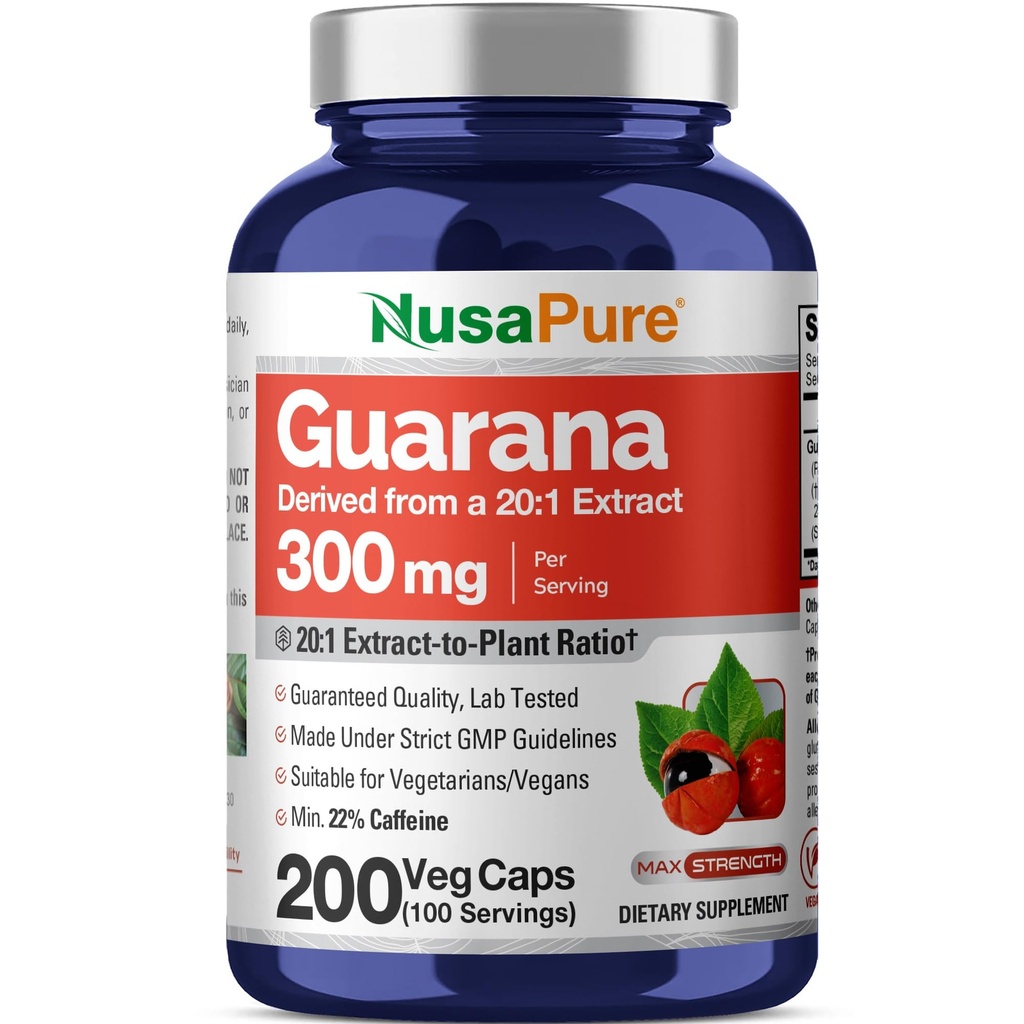 NusaPure Guarana Extract 20:1 Extrakt, 300 mg Likvärdigt till 6 000 mg per Veggie Caps 200 Count (Non-GMO, Vegan)