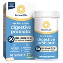 Renew Life Extra Care Digestive Probiotic Capsules, 50 miljarder CFU garanterat, dagligt tillskott stöder immun, Digestive, andningshälsa (1), L. Rhamnosus GG, Dairy, Soy och Gluten-Free, 60 Count