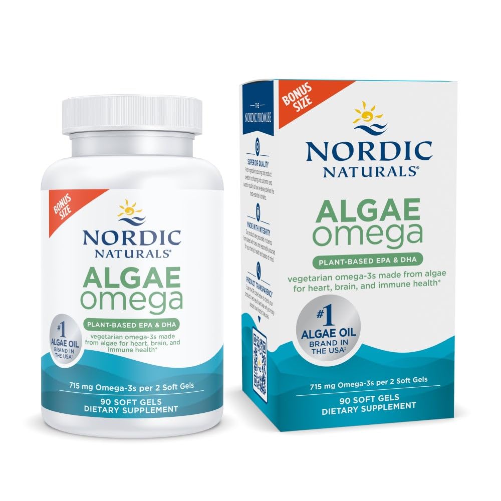 Nordic Naturals Algae Omega - 90 Soft Gels - 715 mg Omega-3 - Certified Vegan Algae Oil - Plantbaserad EPA & DHA - Hjärta, öga, immun och hjärnhälsa - Non-GMO - 45 Servering