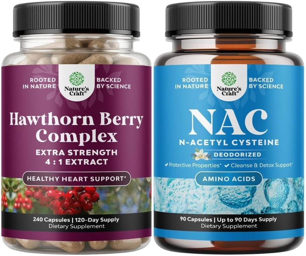 Bundle of High Strength Hawthorn Berry Capsules med Leaf & Flower Extract 4:1 för hälsosamt hjärta & Digestion och NAC Supplement N-Acetyl Cysteine 600mg - Glutathione Precursor för Liver Cleanse Detox