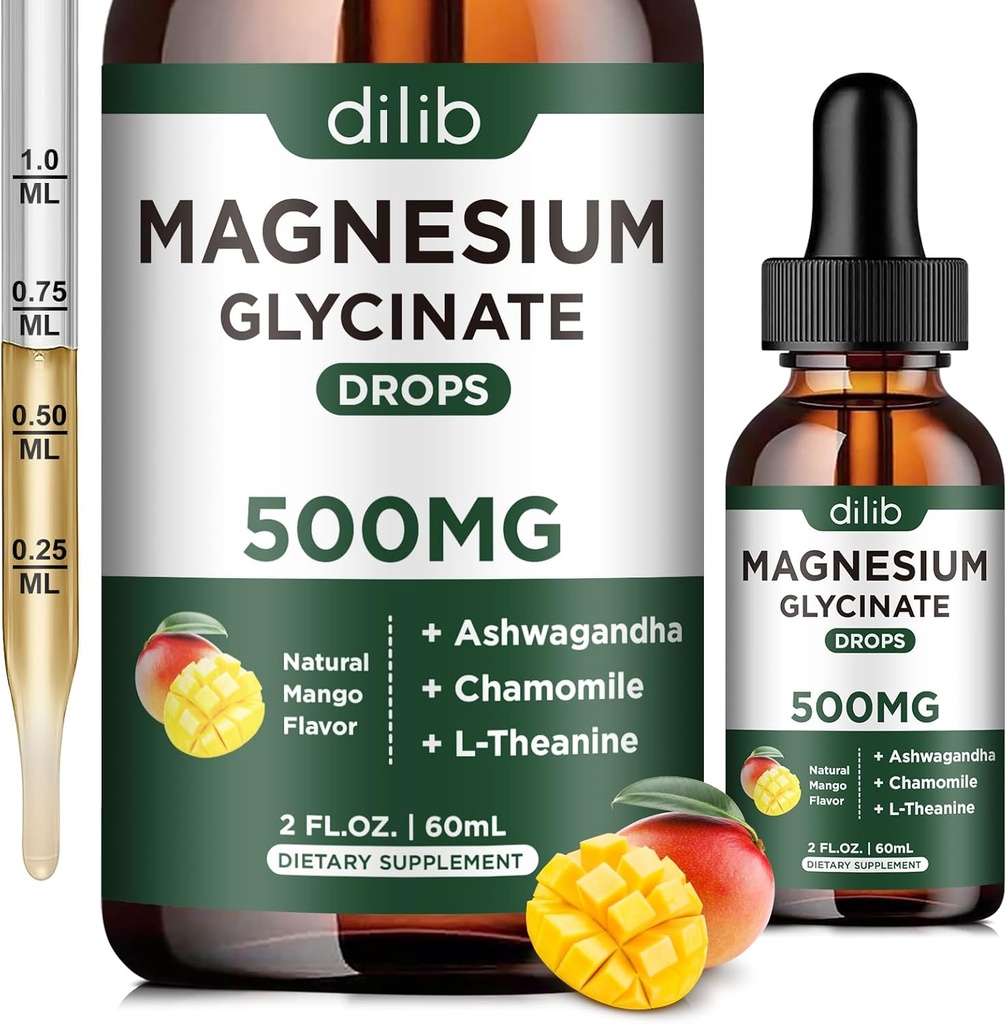 Magnesium Glycinate Supplement, Magnesium Liquid Drops med Magnesium Glycinate 500mg Ashwagandha, L - Theanine, Chamomile -Support Stress Relief, Bone, Muscle, Mood Vegan Natural Mango Flavor