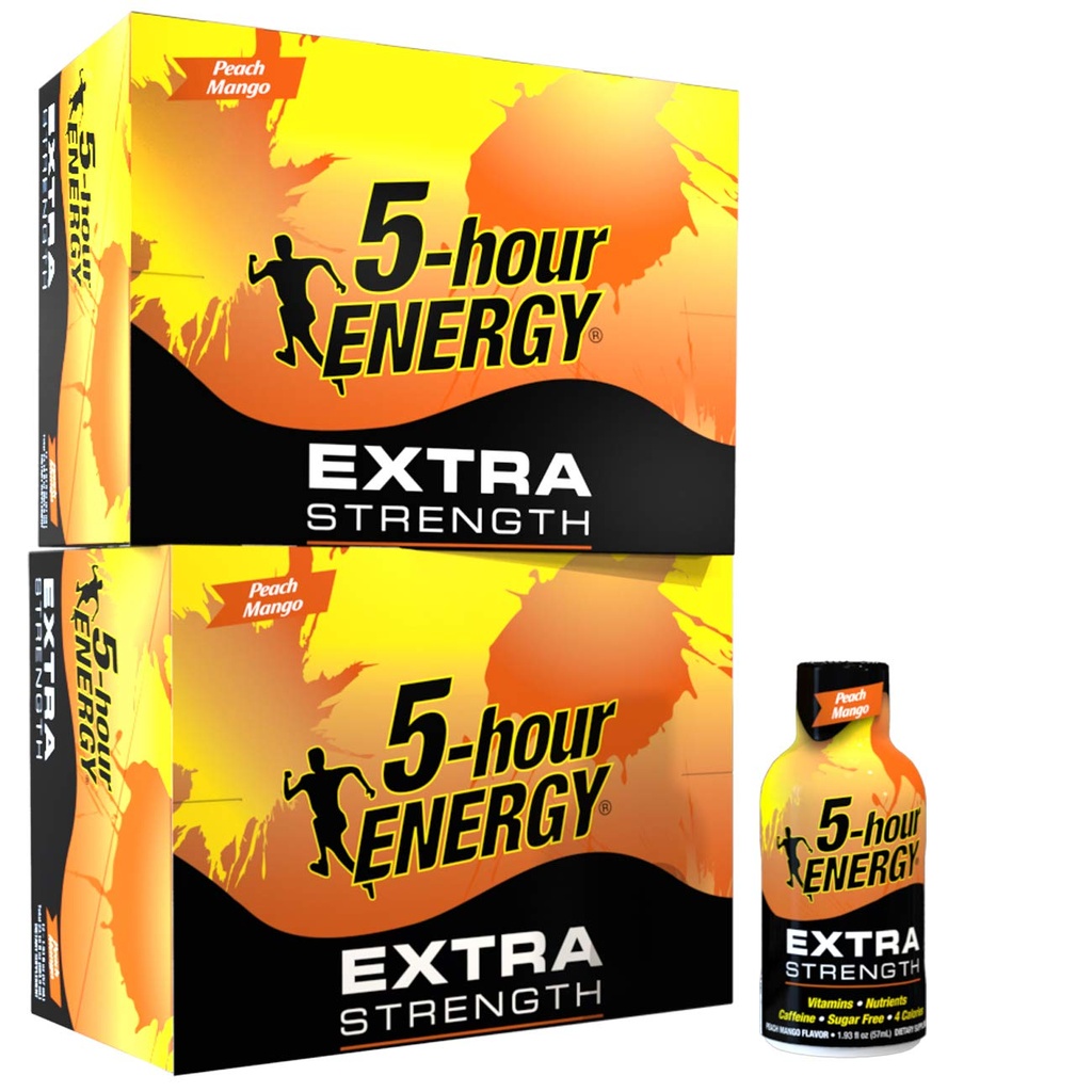 5-timmars Energy Shot, Extra Strength Peach Mango, 1,93 Ounce, 24 Count