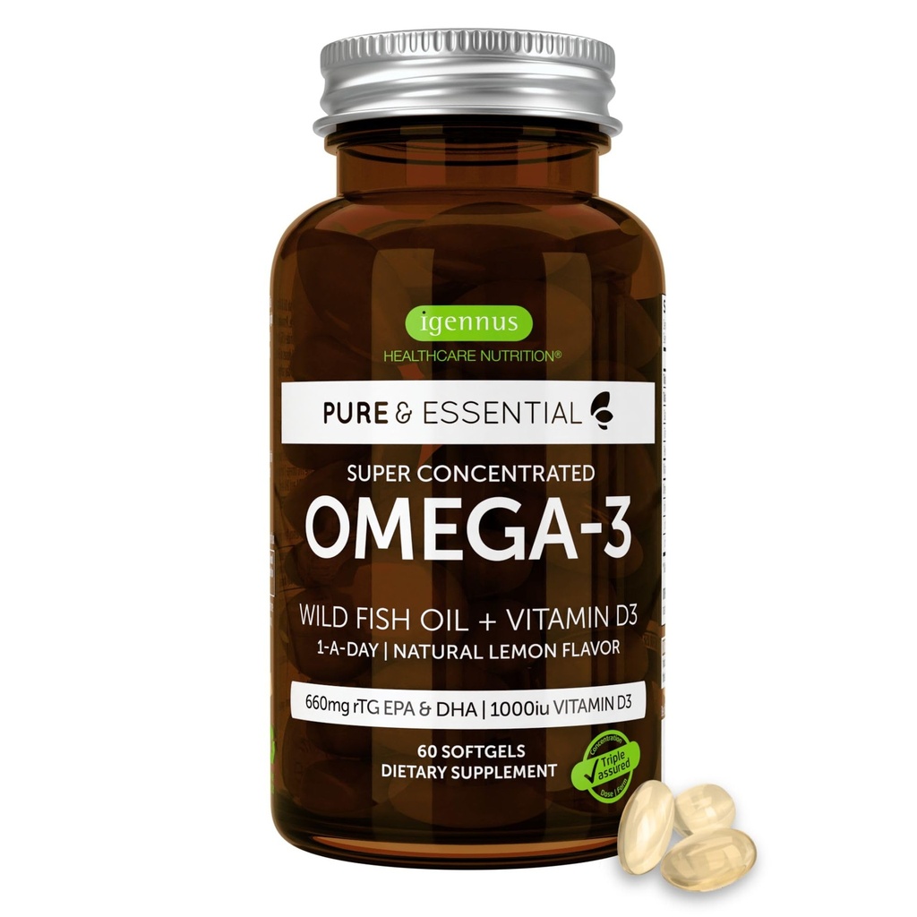 Igennus Avancerad RTG Omega-3 IFOS Certified Wild Fish Oil & Vitamin D3, 1-a-Day, Fatty Acids EPA & DHA, Fast-Acting Triglyceride Form, Ultra Pure & Non-GMO, 60 Softgels