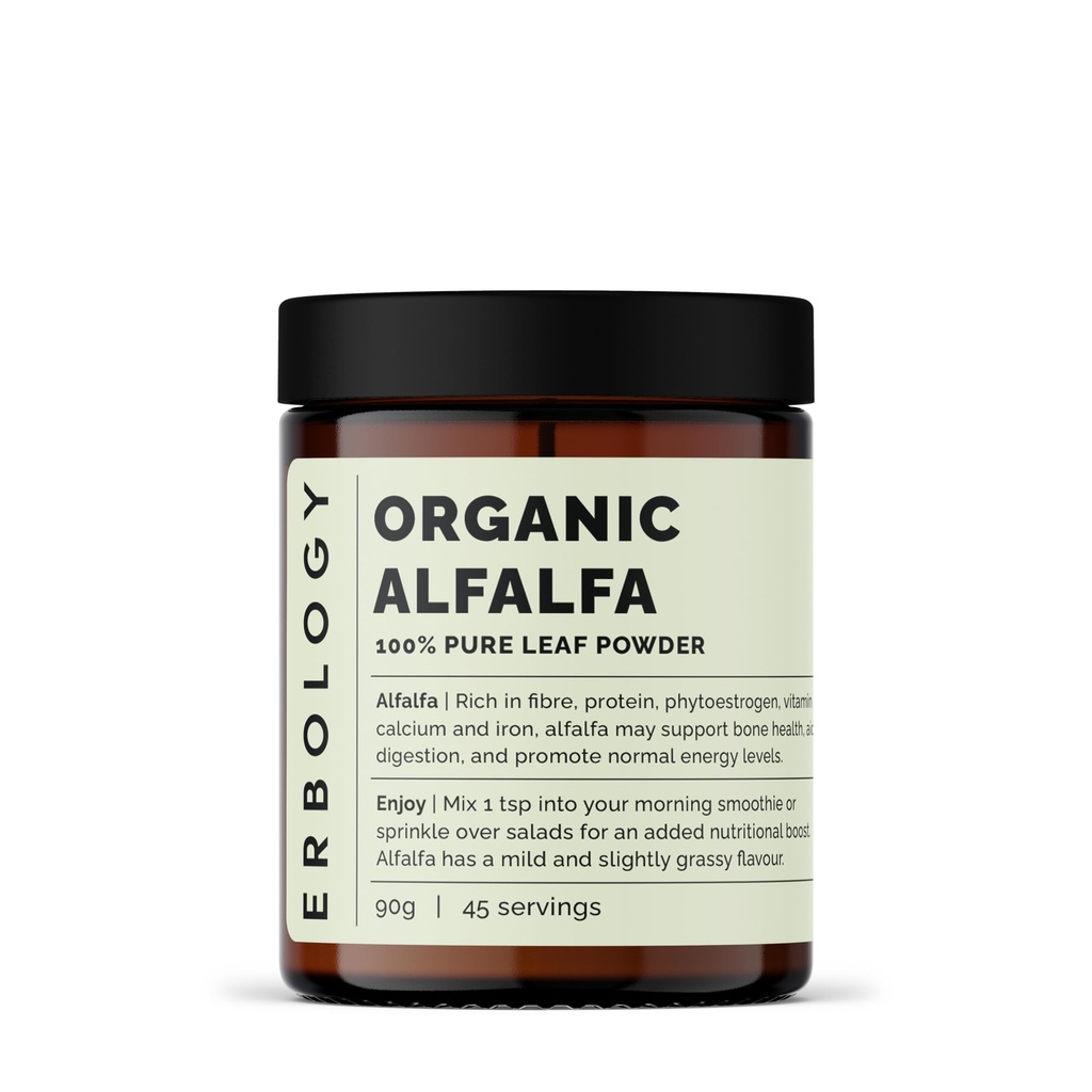 Erbologi Organic Alfalfa Powder 3.2 oz - 45 portioner - Stöder ben och tarmhälsa - Rik i vitamin A, Calcium och järn - Hållbart källad rakt från gård - Small Batch - Vegan - GMO-Free