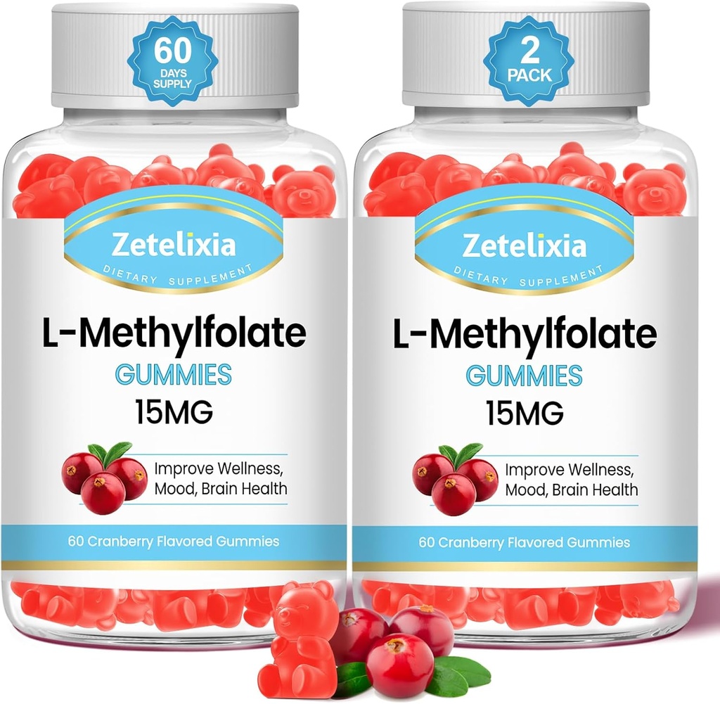 2 Pack L-Methylfolate 15mg & Methyl B12 Gummies, folattillskott för hjärnhälsa, humör och immunitet, DNA-syntes och reparation, sockerfri, Vegan, Cranberry Flavor, 120 greve