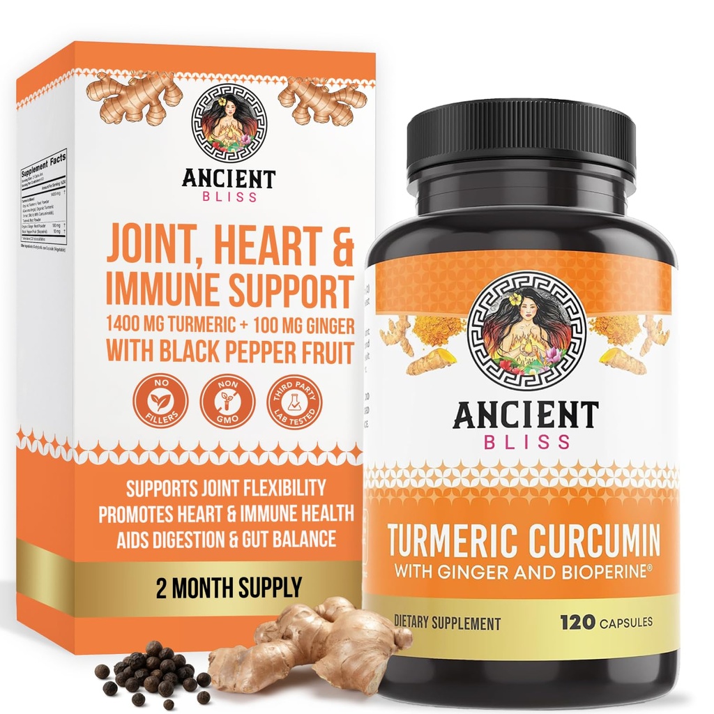 Gurkmeja Curcumin med Ginger & Bioperine, gurkmeja Curcumin med Black Pepper & Raw Ginger Root Powder Capsule Supplement av Forntida Bliss (120 kapslar)