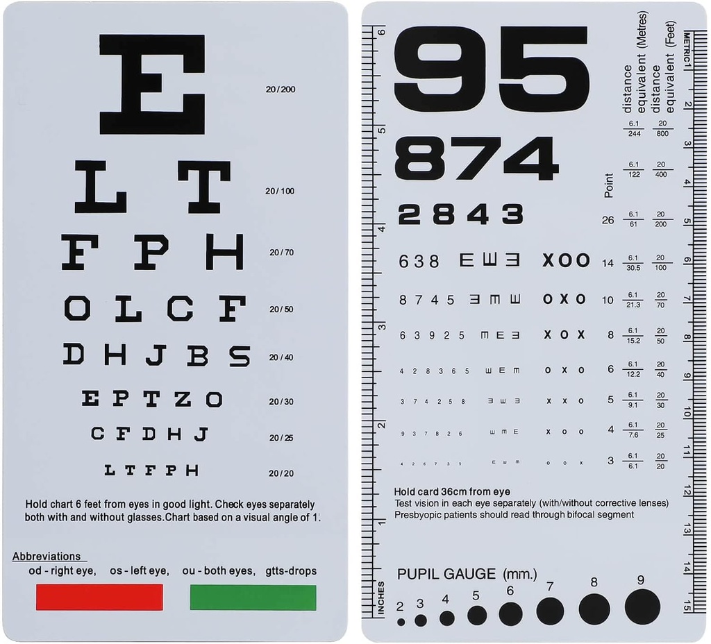 NOYOC 2 Pack Pocket Eye Chart, 2 i 1 Snellen & Rosenbaum Chart, 6.5x3.5 Inches, Handheld Double Sided Plastic Low Vision Card for Eye Exams (2 Pack 6 Feet)