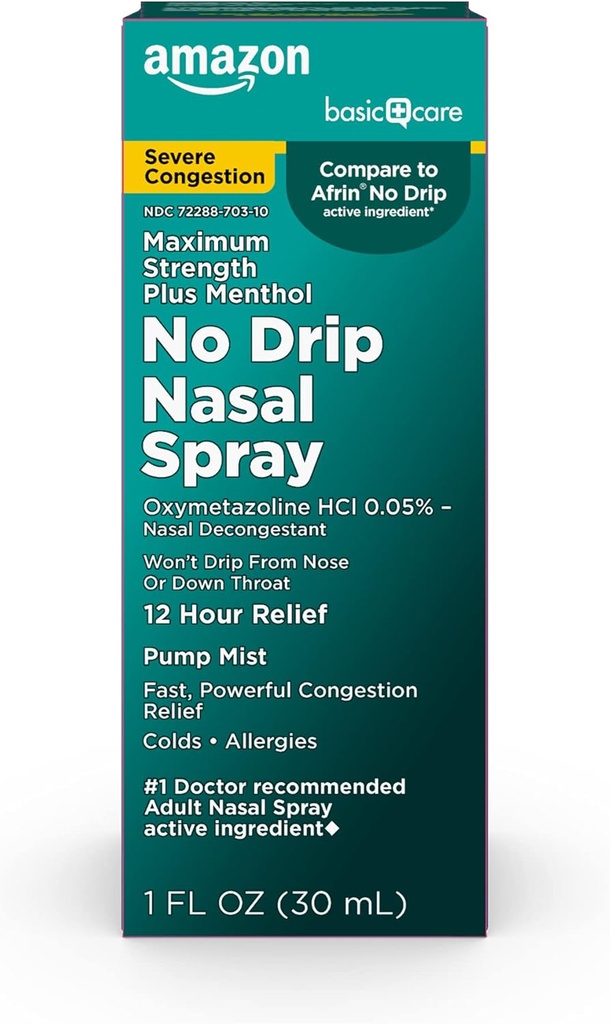 Grundläggande vård Ingen droppe Severe 12 timmars Nasal Decongestant Pump Mist, Steroid Gratis, Maximal Styrka Plus Menthol 1 fl oz (Pack av 1)