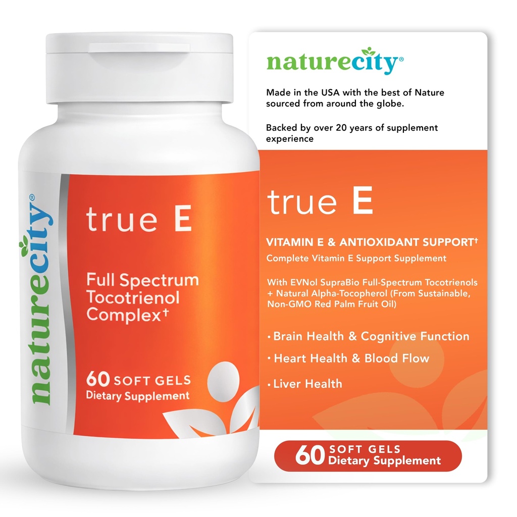 NatureCity True-E Full Spectrum Tocotrienols Vitamin E & Natural Alpha Tocopherol Supplement | Sustainable Vitamin E Tocotrienols från Evnol Suprabio | Non-GMO Vitamin E Complex | 60 Mjuka gels