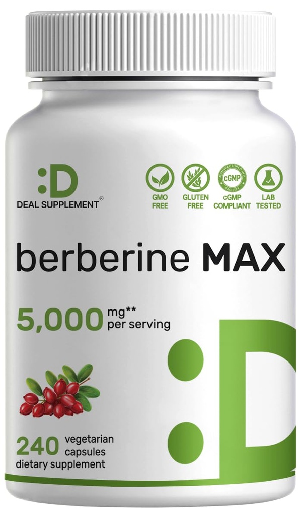 DEAL SUPPLEMENT Berberine Max Supplement med gurkmeja, 5 000 mg Per Servering, 240 Veggie Capsules - 97% Pure Berberine HCl - 20:1 Turmeric Root Extract - Vegetarian Friendly, Non-GMO