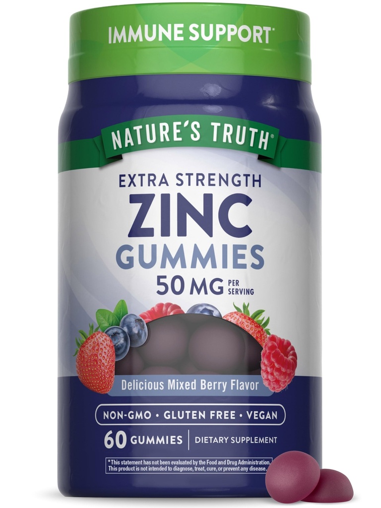 Naturens Sanning Zink Gummies för vuxna | 50 mg | 60 greve | Vegan, icke-GMO & Gluten Fri extra styrka tillskott | Mixed Berry smak