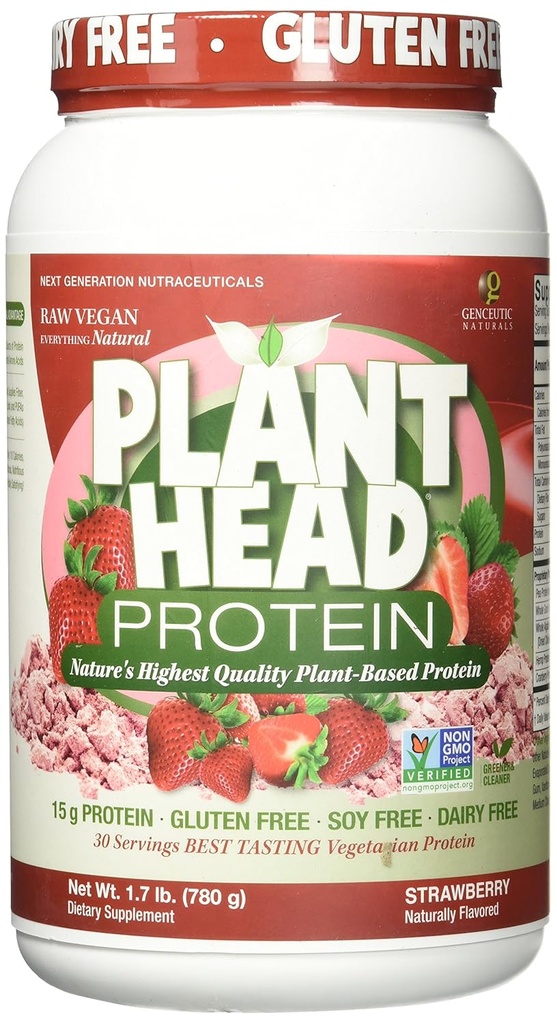 Genceutic Naturals Plant Head Protein Naturligt smaksatt bästa provsmakning jordgubbsrå Vegan Vegetarian protein Dietary Supplement Gluten Soy Dairy GMO Free - 30 portioner (1,8 pund)