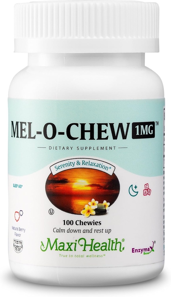 Maxi Health Melatonin 1mg Chewable - Sömnhjälp Melatonin för att uppmuntra naturlig sömn - Icke-Habit Forming Supplement med Enzymax för snabbverkande stöd Kosher (100 enheter, 2-pack)