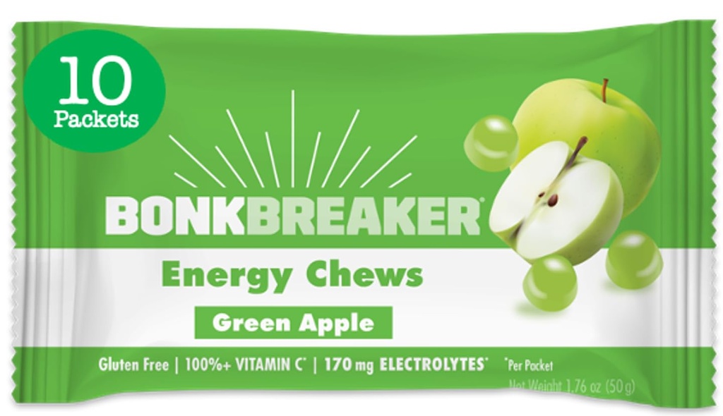 Bonk Breaker Energy Chews, Dairy-Free, Gluten-Free Ingredienser för att ge snabb energi och fokus, 1 låda med 10 paket, grön Apple