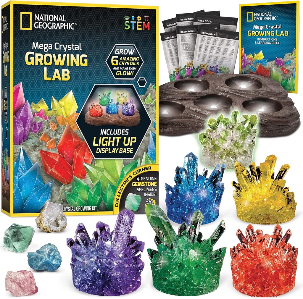 National Geographic Mega Crystal Growing Kit - Väx 6 Kristaller med Light-Up Stand, Science Gifts för barn 8-12