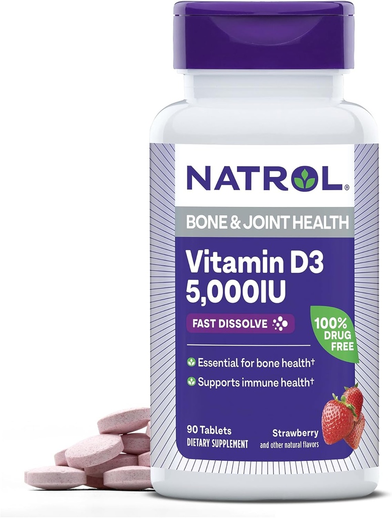 Natrol snabbt lösa vitamin D3 5,000 IE, kosttillskott för ben och gemensam hälsa, benstödstillägg, 90 tabletter, 90 dagars leverans