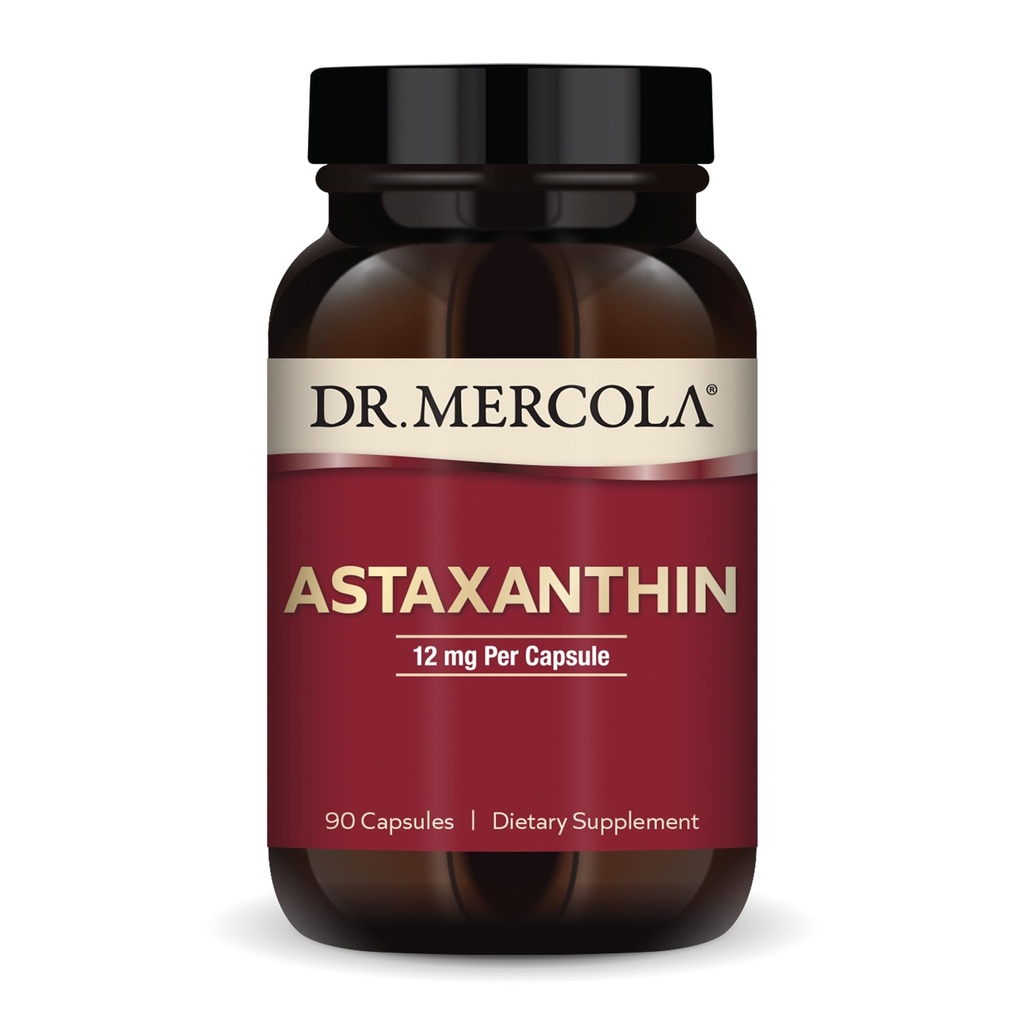 Dr Mercola Organic Astaxanthin - 12 mg Astaxanthin - Kraftfull Antioxidant Support - Organisk Microalgae Extract - Non-GMO, Gluten-Free & Soy-Free - 90 kapslar (90 portioner)