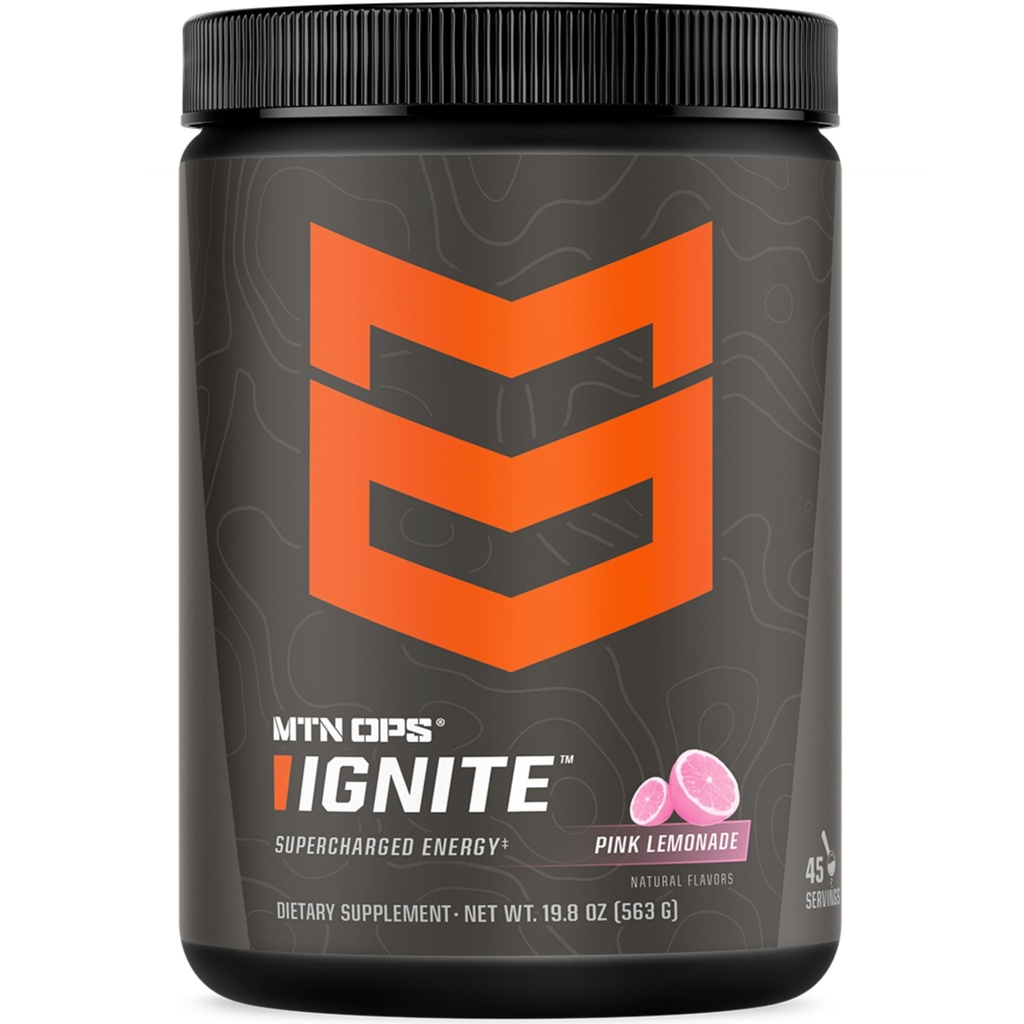 MTN OPS Ignite Energy Drink Powder, Gluten Free Nootropic Supplement Drink Mix, L Arginine, L Citrulline, Caffeine & Nootropic Sugar Free Drink Mix, 45 Servings, Rosa Lemonade