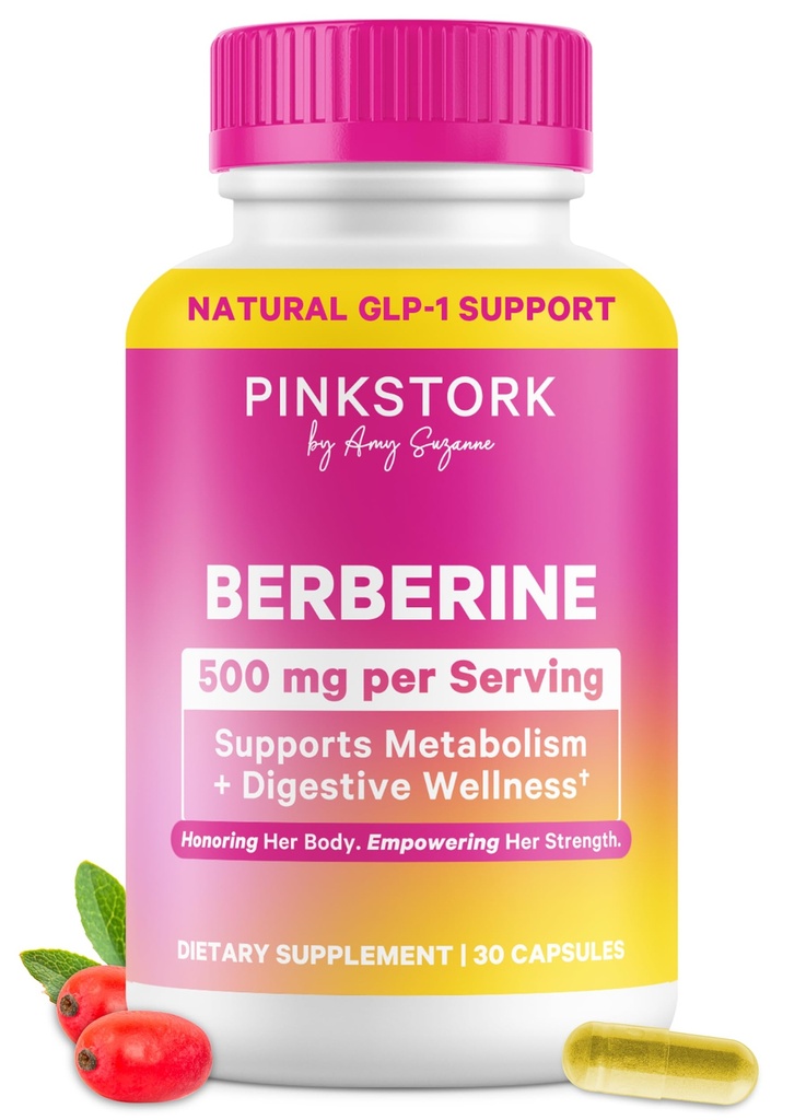 Rosa Stork Berberine 500mg - Naturens GLP-1 Supplement - Daglig AMPK Metabolic Activator - 500-1000 mg Metabolism + Gut Health för kvinnor | Tredjepartstestade | Vegan | Non-GMO | 30 kapslar