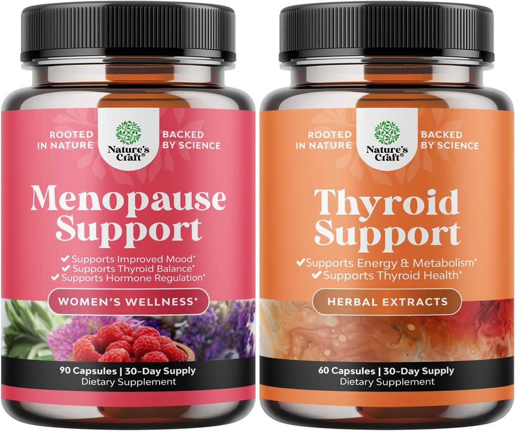 Bundle of Complete Herbal Menopause Supplement for Women for Night Sweats Mood and More with Dong Quai Vitex Chaste Berry and Herbal Thyroid Support Complex Mood Enhancer Energy Supplement for Thyroid