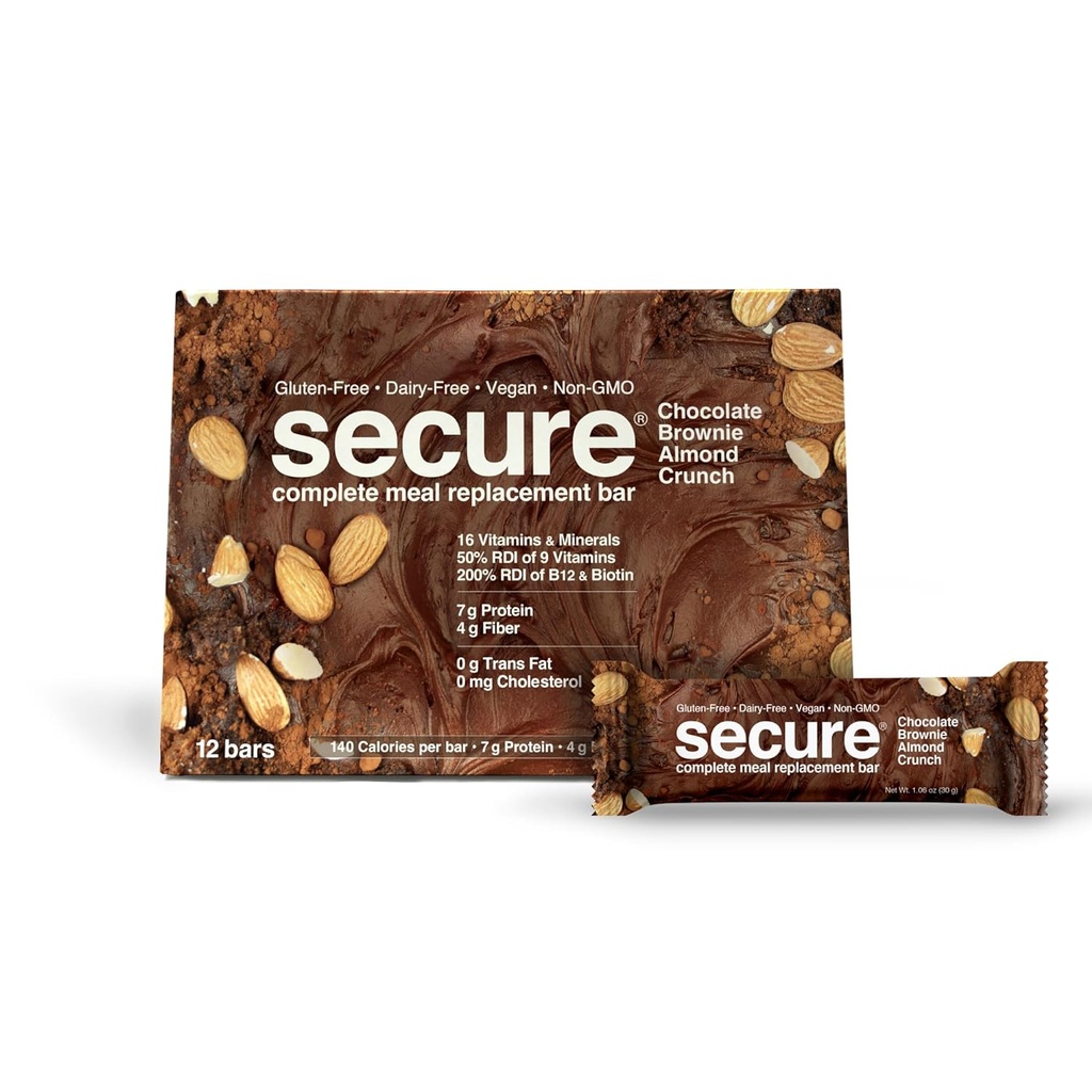 ANDREW LESSMAN Secure Complete Meal Replacement Bars - Chocolate Brownie Almond Crunch - 12 ct box - 7g Protein. 11 Vitaminer plus Inulin Fiber. Lågt kalori. Gluten och Dairy-Free, Vegan, Non-GMO
