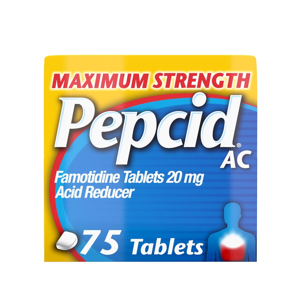 Pepcid AC Maximal Strength Heartburn Relief Tablets, OTC Medicine Prevents & Relieves Heartburn På grund av syra Indigestion, 20mg Famotidine Acid Reducer, Fast-Acting, 75 Ct
