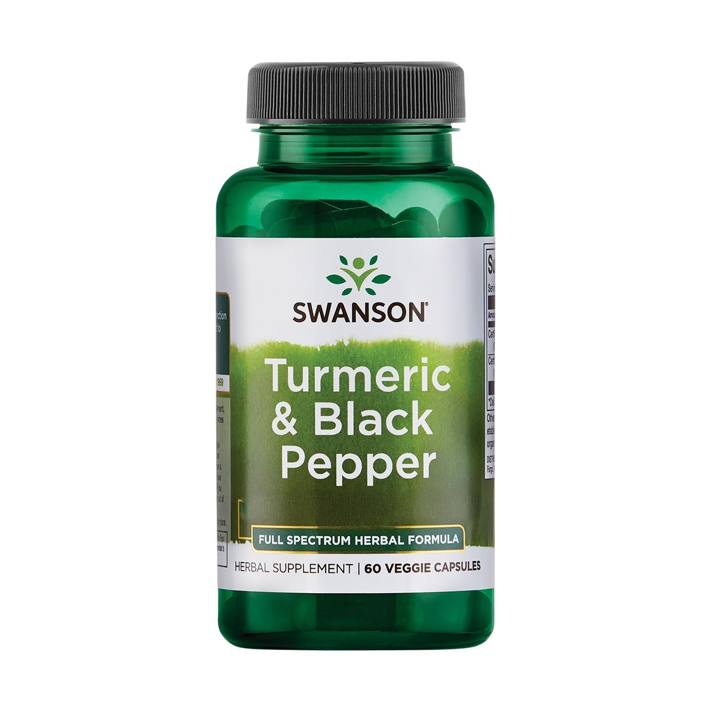 Swanson Turmeric & Black Pepper - Organic Joint Health, Heart Health, Digestion och Liver Support Supplement - Natural Formel för förbättrad biotillgänglighet & Absorption - (60 Veggie Capsules)