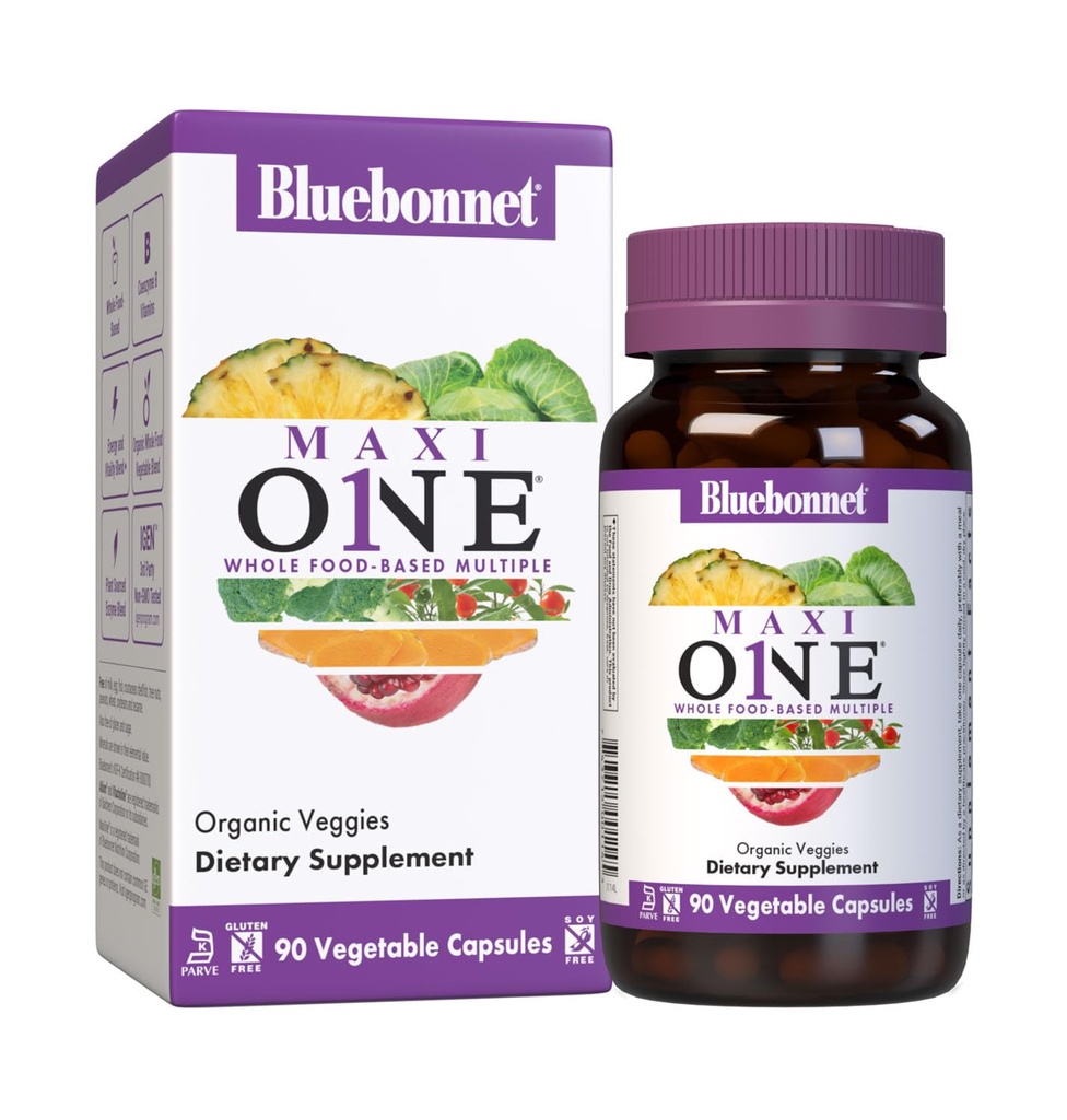 Bluebonnet Nutrition Maxi One (med järn), Whole Food Multiple, Enzymes, Energy, Vitality, Gluten-Free, Kosher, Dairy-Free, Vegetarian Friendly, Soy-Free, Non-GMO, 90 Vegetabilisk kapsel, 3 månaders leverans, Beige