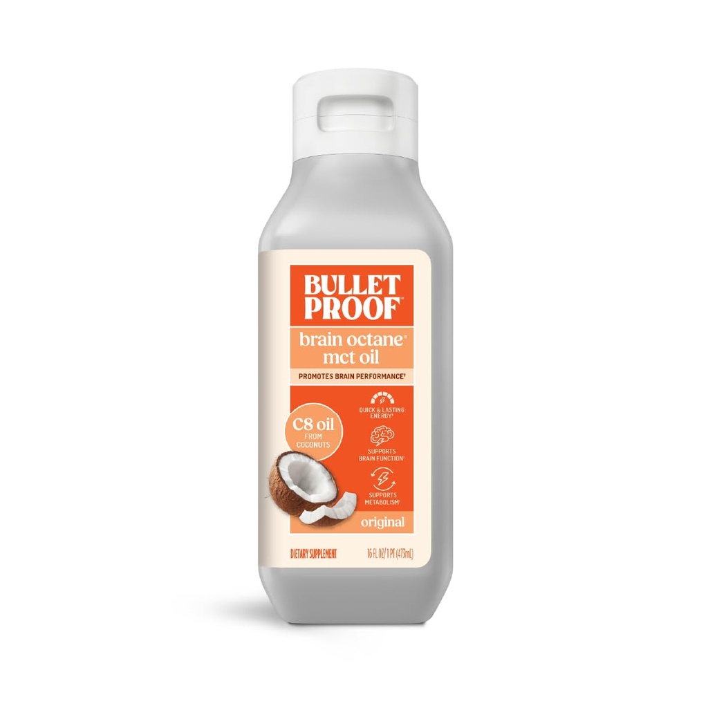 Bulletproof Coconut Brain Octane C8 MCT Oil, 16 Ounces, Premium Keto Supplement för hållbar energi, hjärn- och kroppsbränsle, osmakad, Lägg till kaffe och smoothies, förpackning kan variera