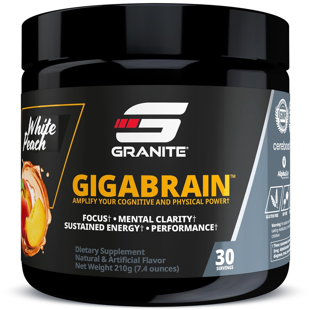 Granit Nutrition GigaBrain Nootropic Energy Powder - Cereboost, Alpha-GPC & ElevATP - Kognitiv Focus Supplement för hållbar energi och prestanda - Vit Peach, 30 portioner