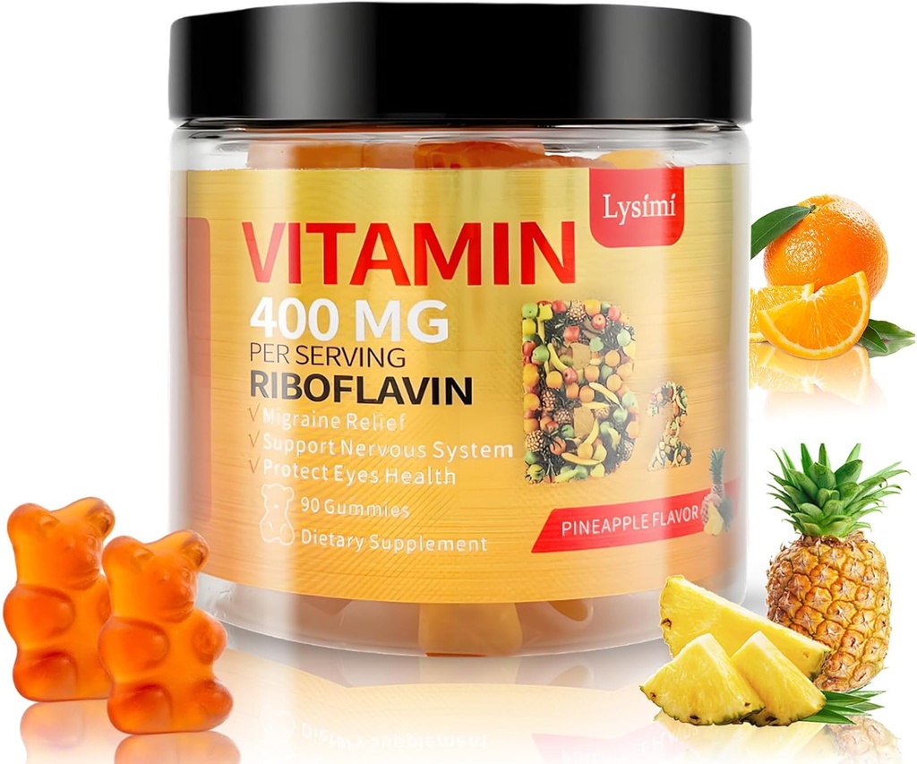 Vitamin B2 Gummies, vitamin B2 Riboflavin Gummies 400mg med Magnesium & Coq10, Migraine Relief & Headache Relief, för barn & vuxna, 90 Chewable Gummies (1)
