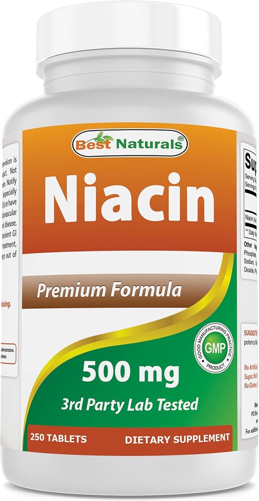 Bästa natur Niacin 500mg 250 tabletter med spolning - även kallad vitamin B3 (250 greve av 1)